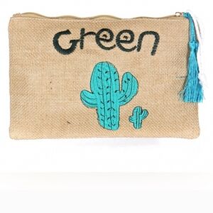 Beige Clutch with Teal Cactus Design
